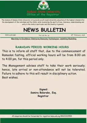 KASU Official Working Hours for Ramadan Adjusted