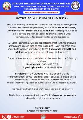 UNIUYO Management Sciences Urges Students to Report Health Issues